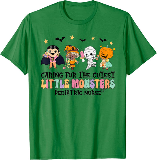 Caring For The Little Monsters Pediatric Nurse Halloween T-Shirt - T-Shirt | Irish Green
