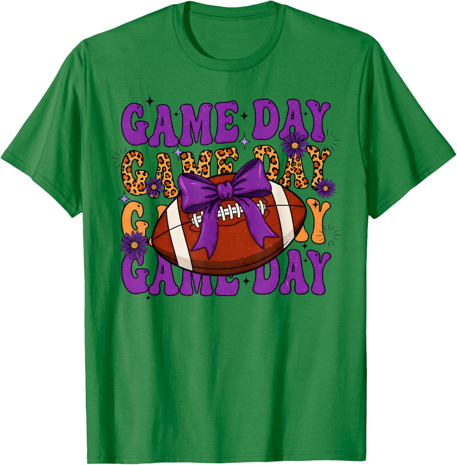 Purple Leopard Game Day Football Bow Touchdown Season T-Shirt - T-Shirt | Irish Green