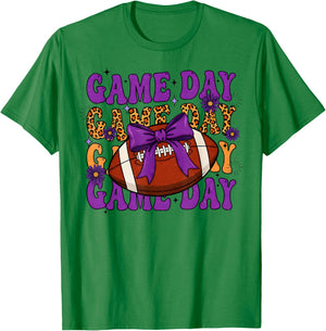 Purple Leopard Game Day Football Bow Touchdown Season T-Shirt - T-Shirt | Irish Green
