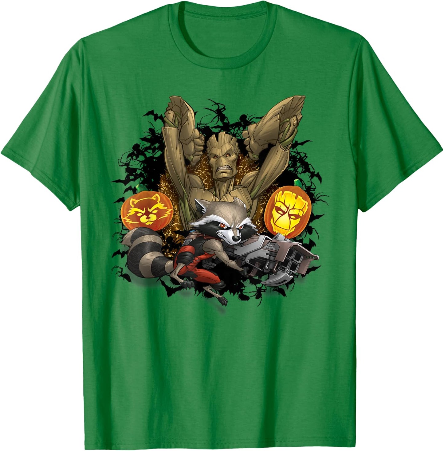 Marvel Groot and Rocket Raccoon Jack-o'-Lantern Halloween T-Shirt - T-Shirt | Irish Green