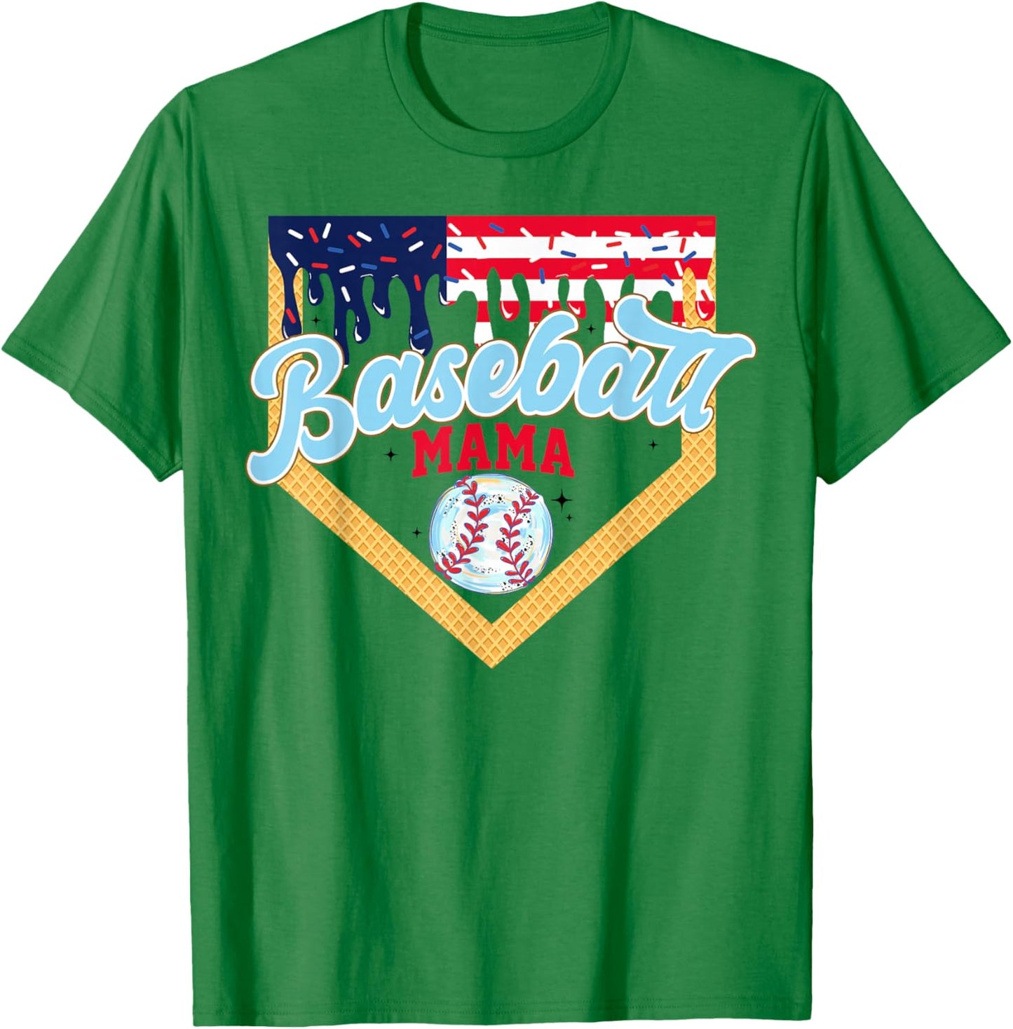Mama Baseball Ice Cream Drip Mom American Flag 4th Of July T-Shirt - T-Shirt | Irish Green
