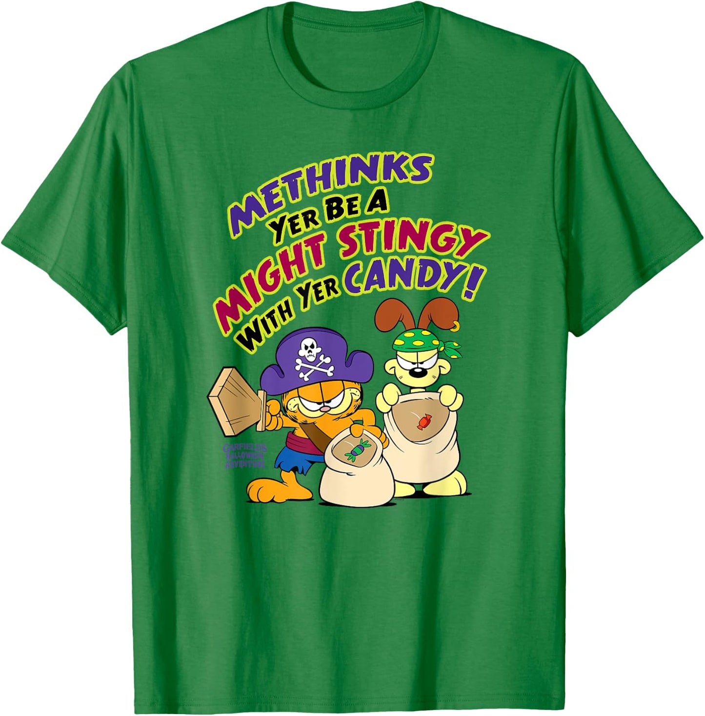 Garfield Might Stingy with Yer Candy Halloween Cartoon Cat T-Shirt - T-Shirt | Irish Green