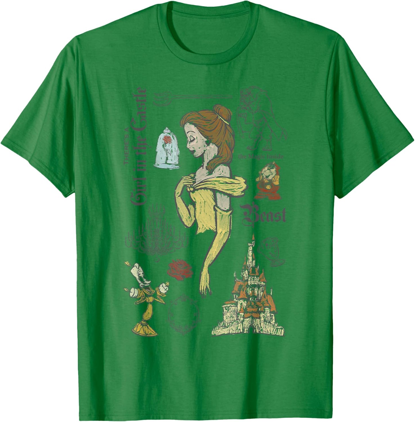 Disney Beauty and The Beast Characters Sketched T-Shirt - T-Shirt | Irish Green