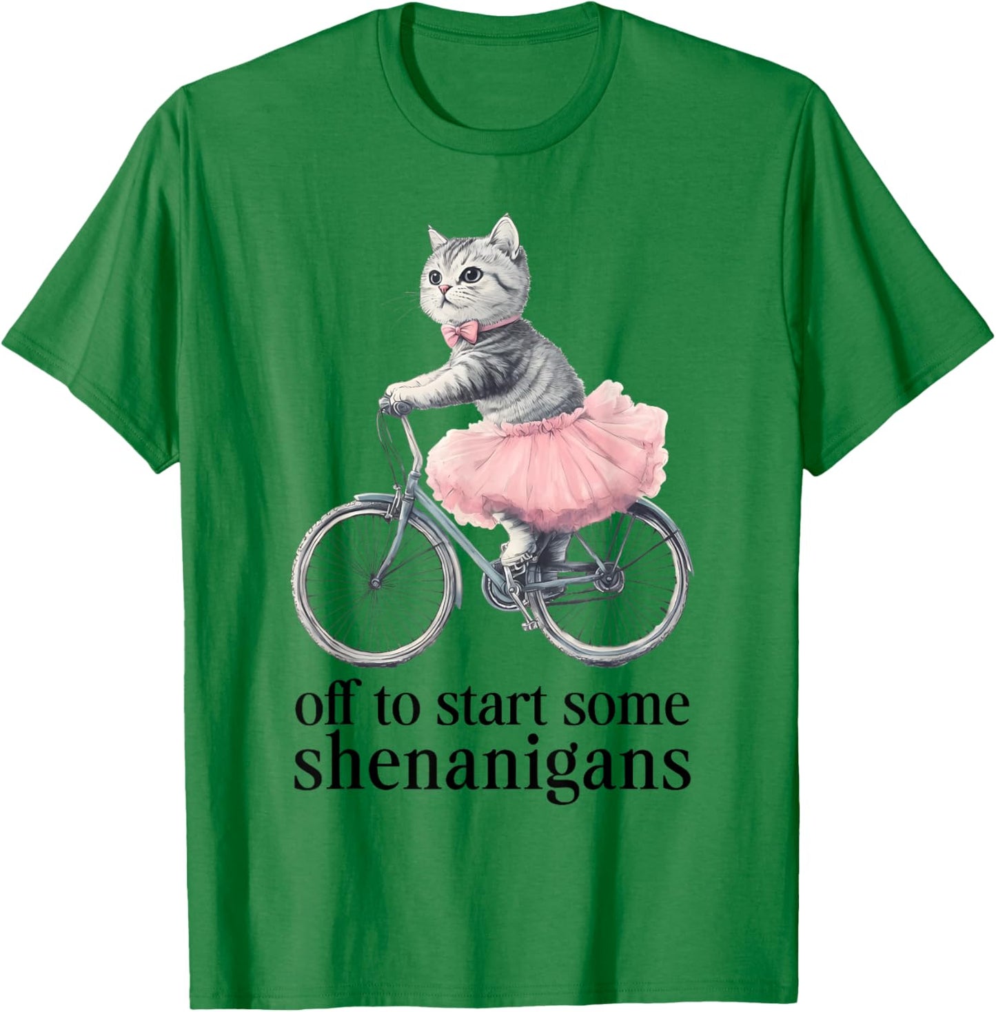 Off to Start Some Shenanigans Funny Cat Riding Bicycle Art T-Shirt - T-Shirt | Irish Green