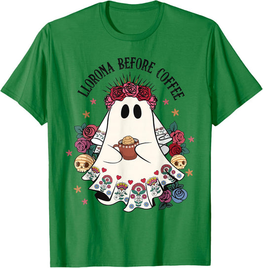 Llorona Before Coffee Lover Cute Mexican Ghost Halloween T-Shirt - T-Shirt | Irish Green