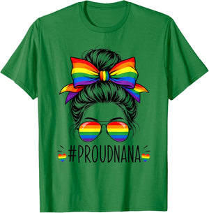 Proud Nana Messy Bun Girl LGBT Pride Ally Rainbow Flag T-Shirt - T-Shirt | Irish Green