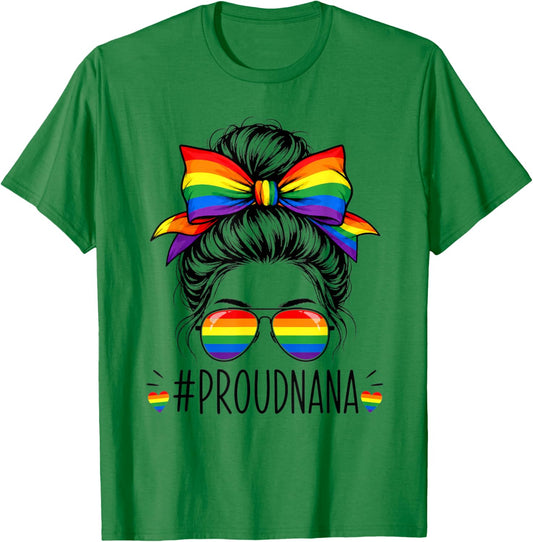 Proud Nana Messy Bun Girl LGBT Pride Ally Rainbow Flag T-Shirt - T-Shirt | Irish Green