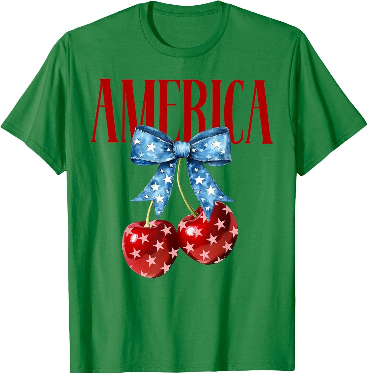 Groovy America Coquette Bow Cherry 4th Of July America Flag T-Shirt - T-Shirt | Irish Green