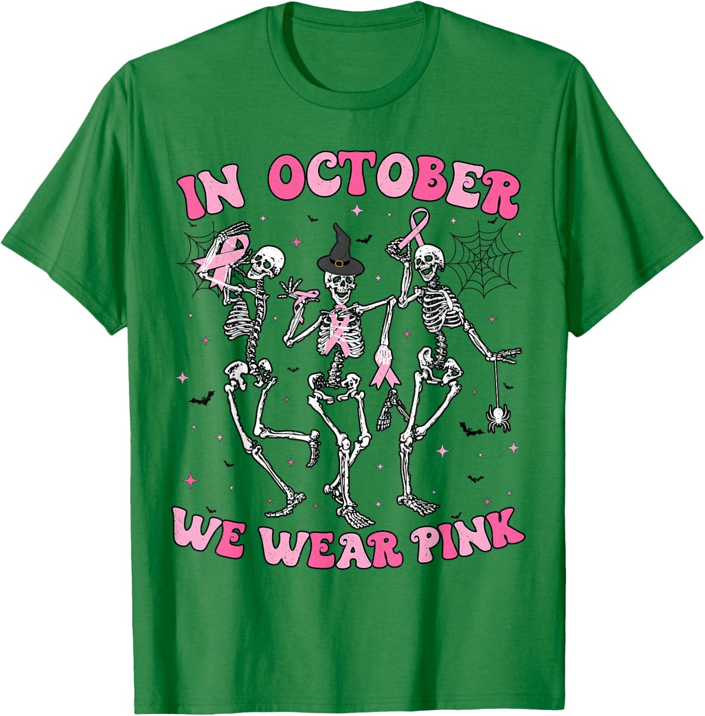 In October We Wear Pink Halloween Breast Cancer Skeleton T-Shirt - T-Shirt | Irish Green