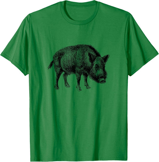 The New Antique Vintage Wild Boar Print - Women's Grey Classic Fit Short Sleeve - Small T-Shirt - T-Shirt | Irish Green
