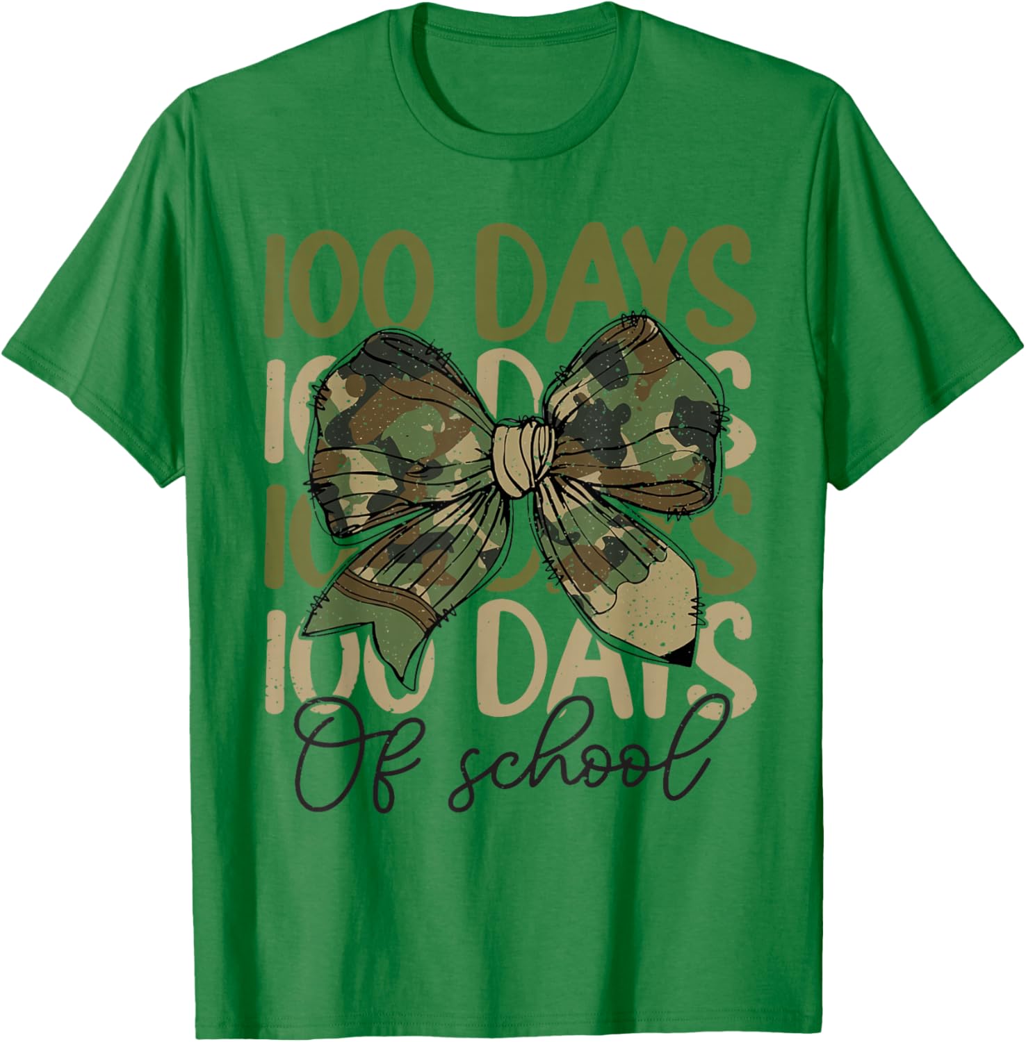 100 Days Of School Camo Coquette Bow Pencil Teacher Student T-Shirt - T-Shirt | Irish Green