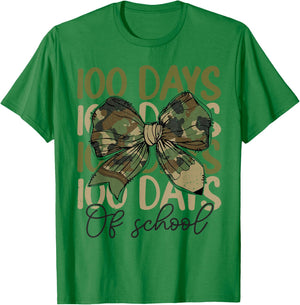 100 Days Of School Camo Coquette Bow Pencil Teacher Student T-Shirt - T-Shirt | Irish Green