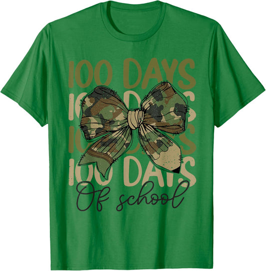 100 Days Of School Camo Coquette Bow Pencil Teacher Student T-Shirt - T-Shirt | Irish Green