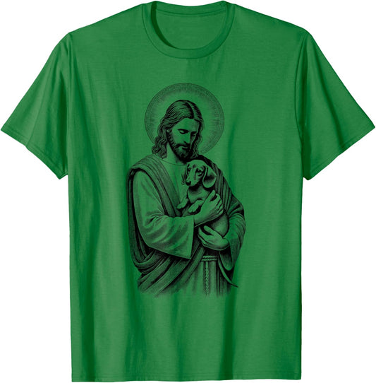 Vintage Jesus Hugging Dachshund Christian Faith Dog Lover T-Shirt - T-Shirt | Irish Green