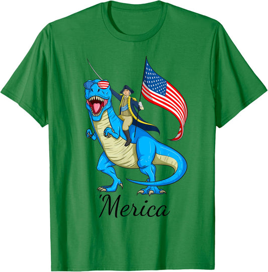 Merica Patriotic TRex Dinosaur George Washington 4th of July T-Shirt - T-Shirt | Irish Green
