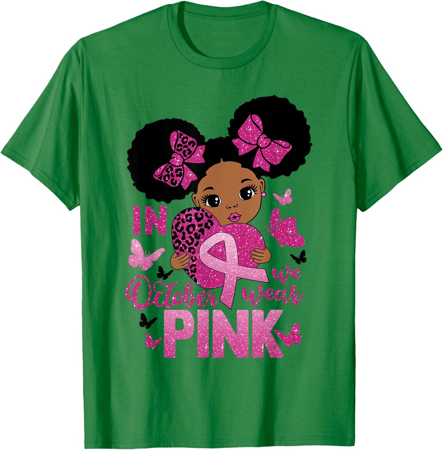 Messy Bun In October We Wear Pink Girls Toddlers T-Shirt - T-Shirt | Irish Green