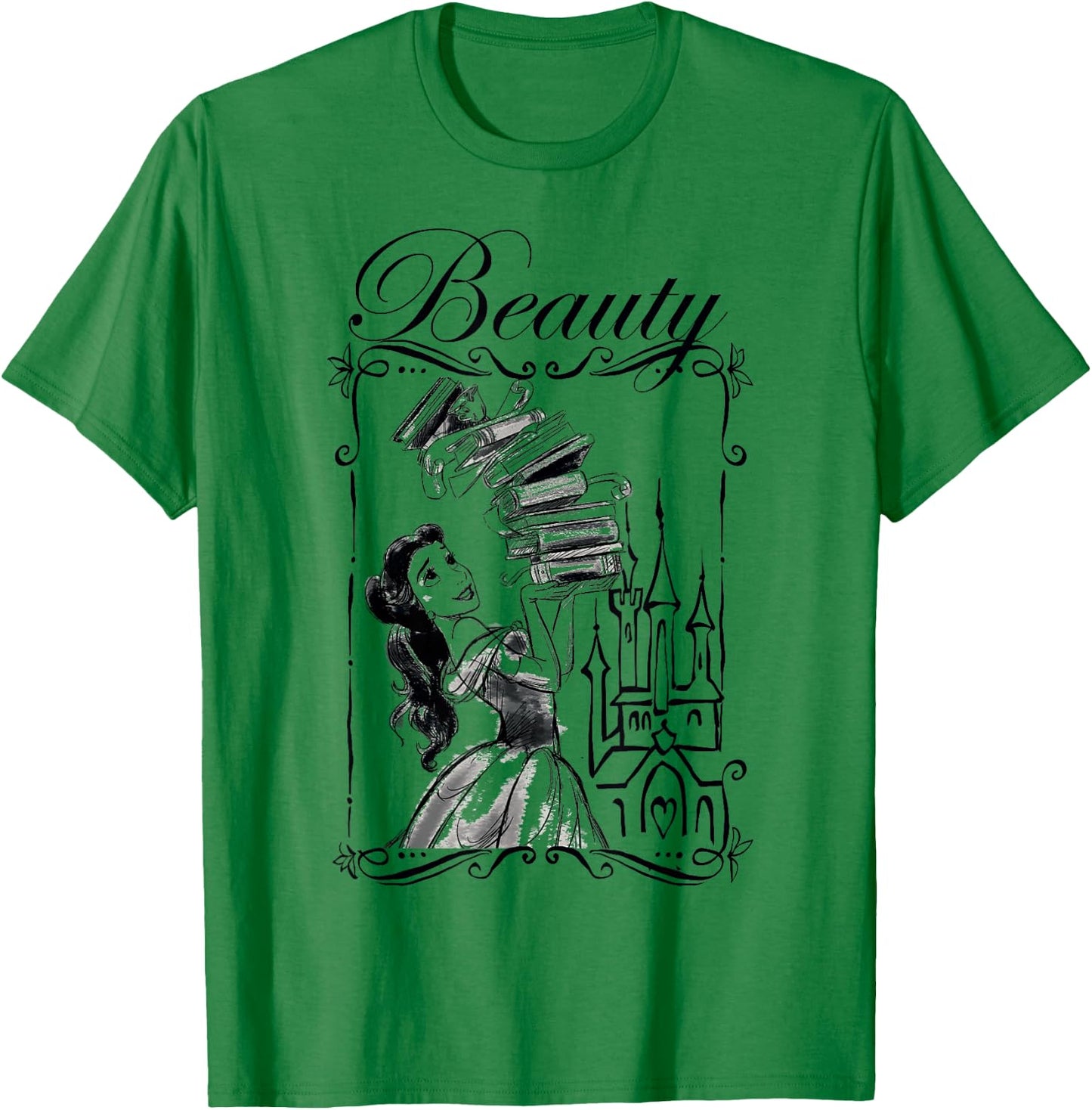 Disney Beauty and the Beast Belle Book Stack Sketch Portrait T-Shirt - T-Shirt | Irish Green