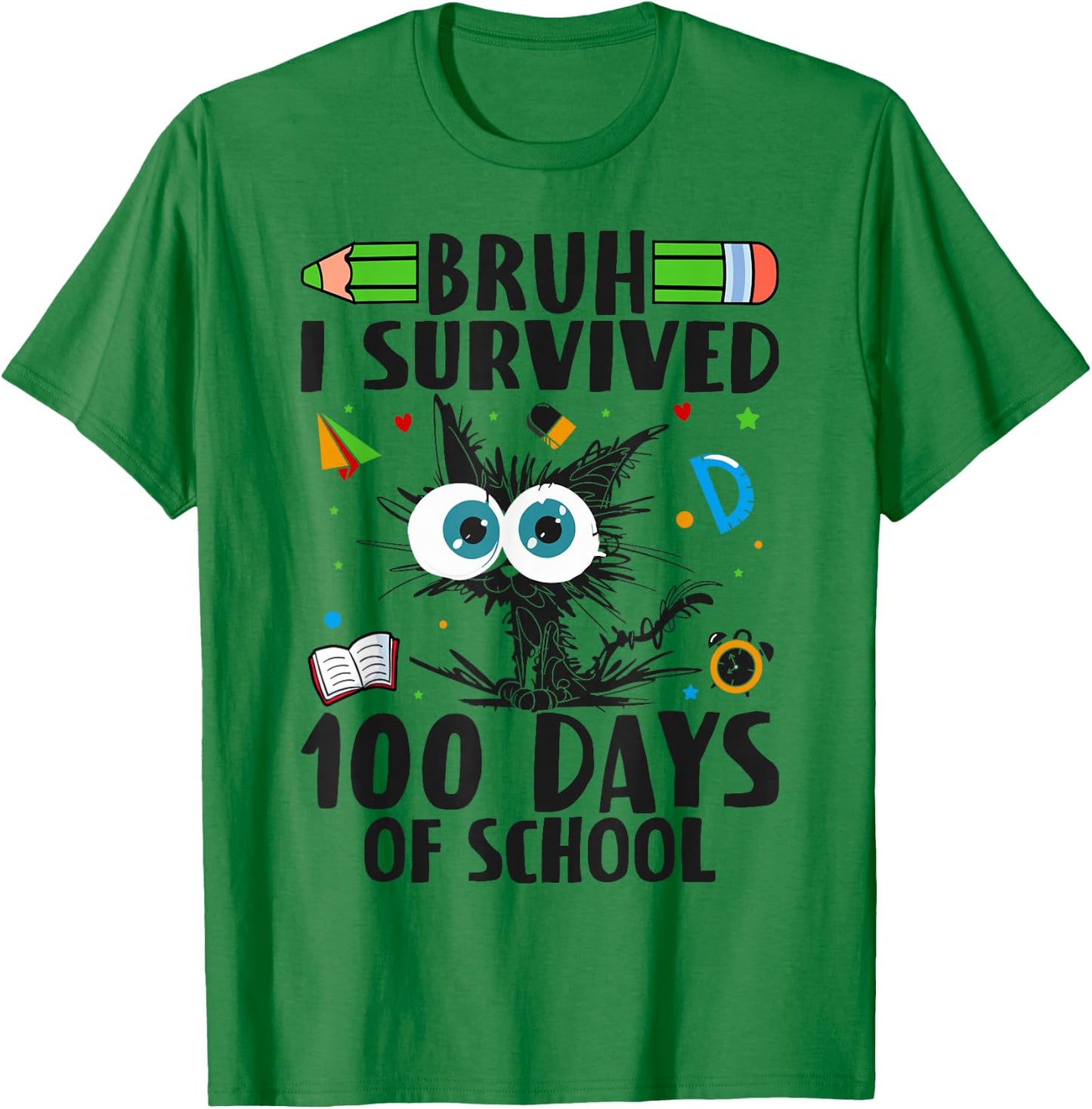 Bruh 100 Days of School Boys Kids Cat 100th Day of School T-Shirt - T-Shirt | Irish Green