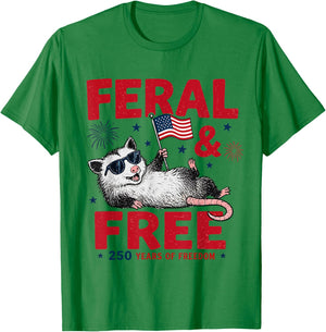 Retro Cute Feral and Free 250 Years Funny Possum 4th of July T-Shirt - T-Shirt | Irish Green