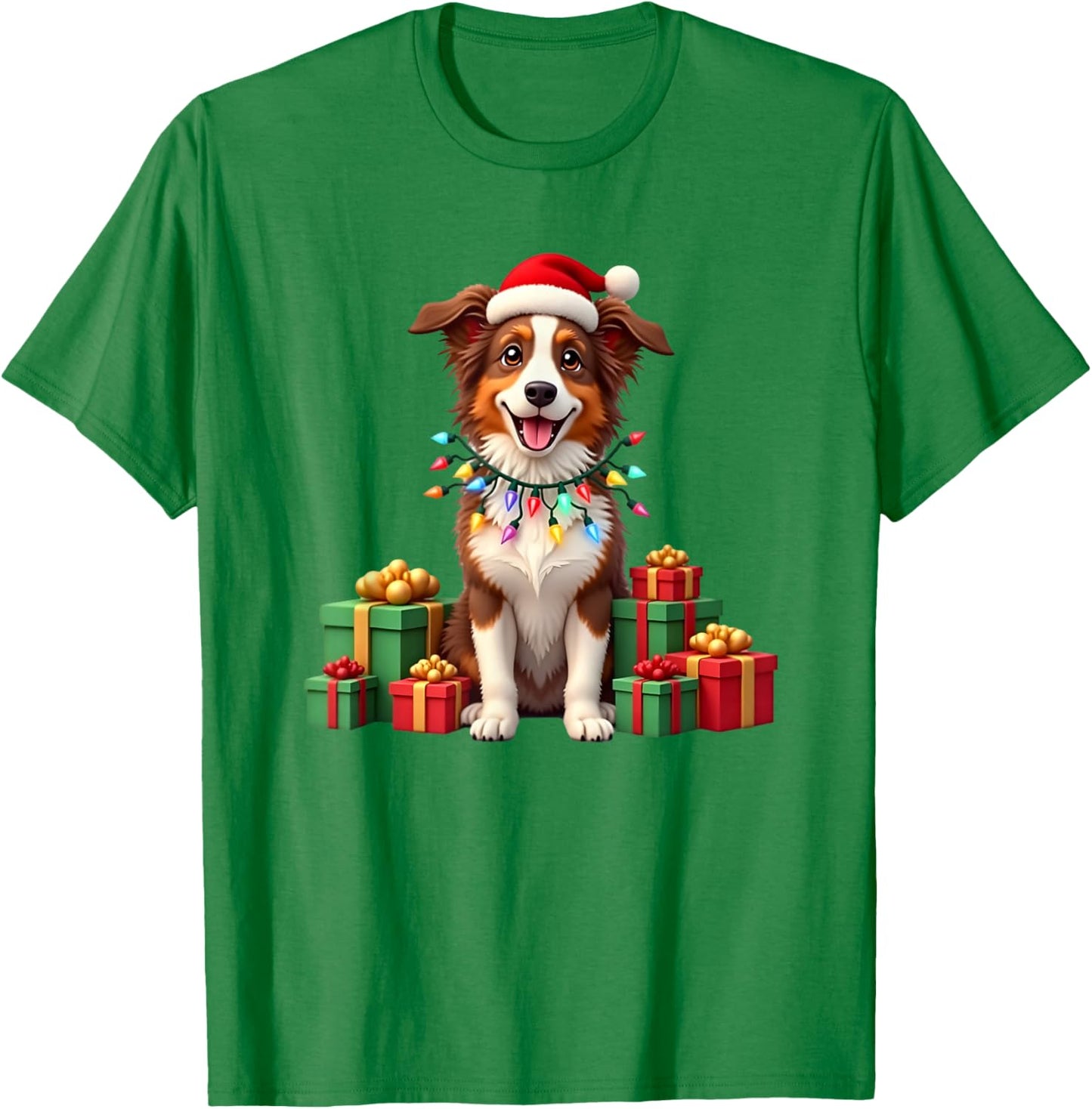 Christmas red and white Border Collie, Santa Hat T-Shirt - T-Shirt | Irish Green