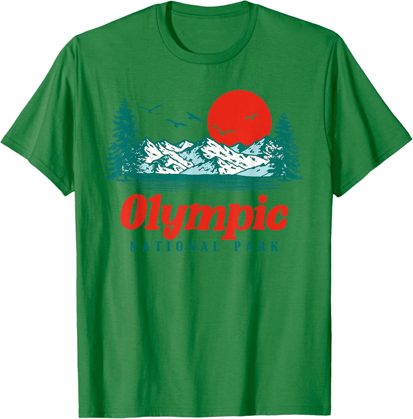 Retro Olympic National Park Mountain Trees & Sun Graphic Small T-Shirt - T-Shirt | Irish Green