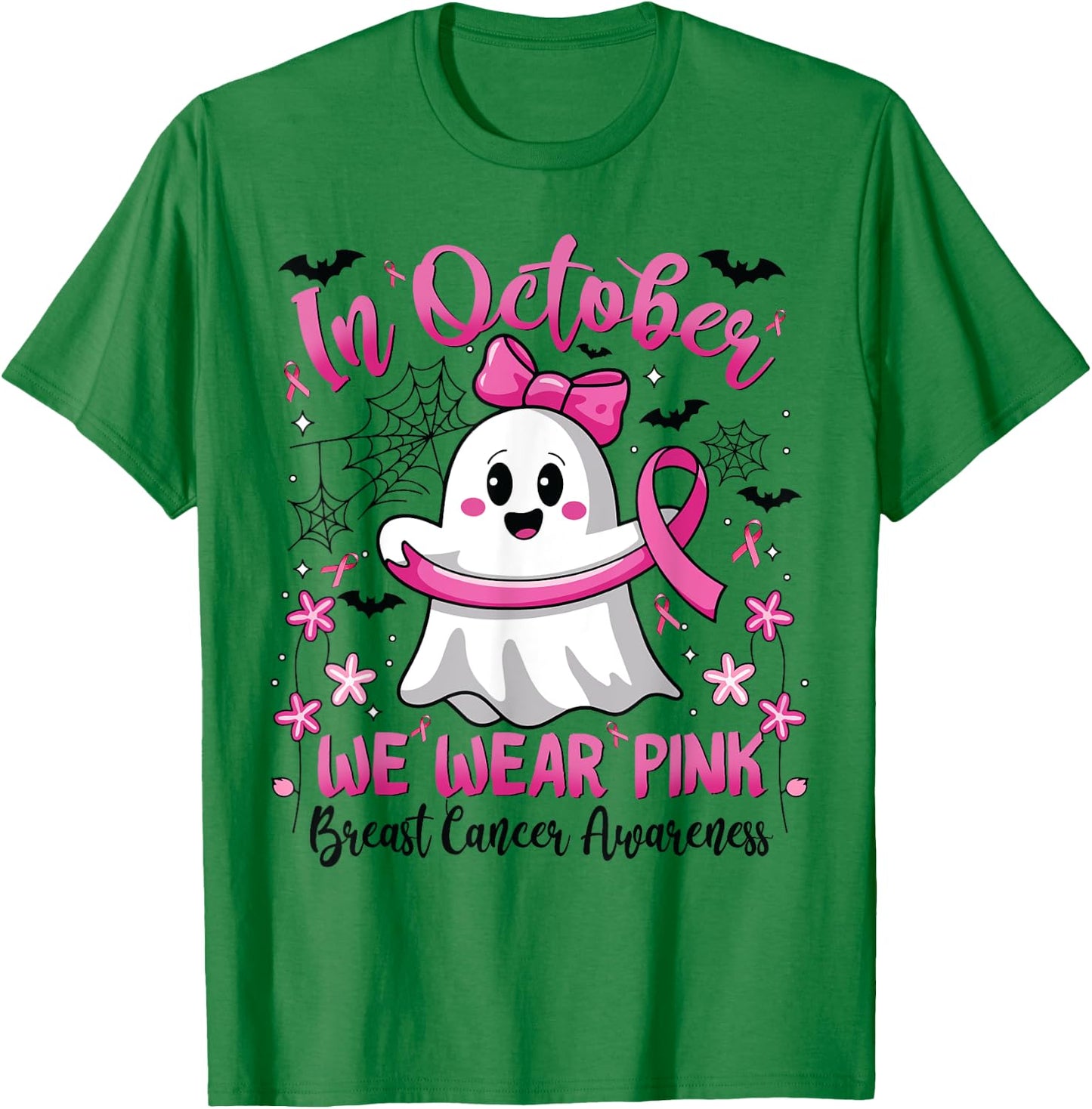 In October We Wear Pink Ghost Witch Breast Cancer Awareness T-Shirt - T-Shirt | Irish Green