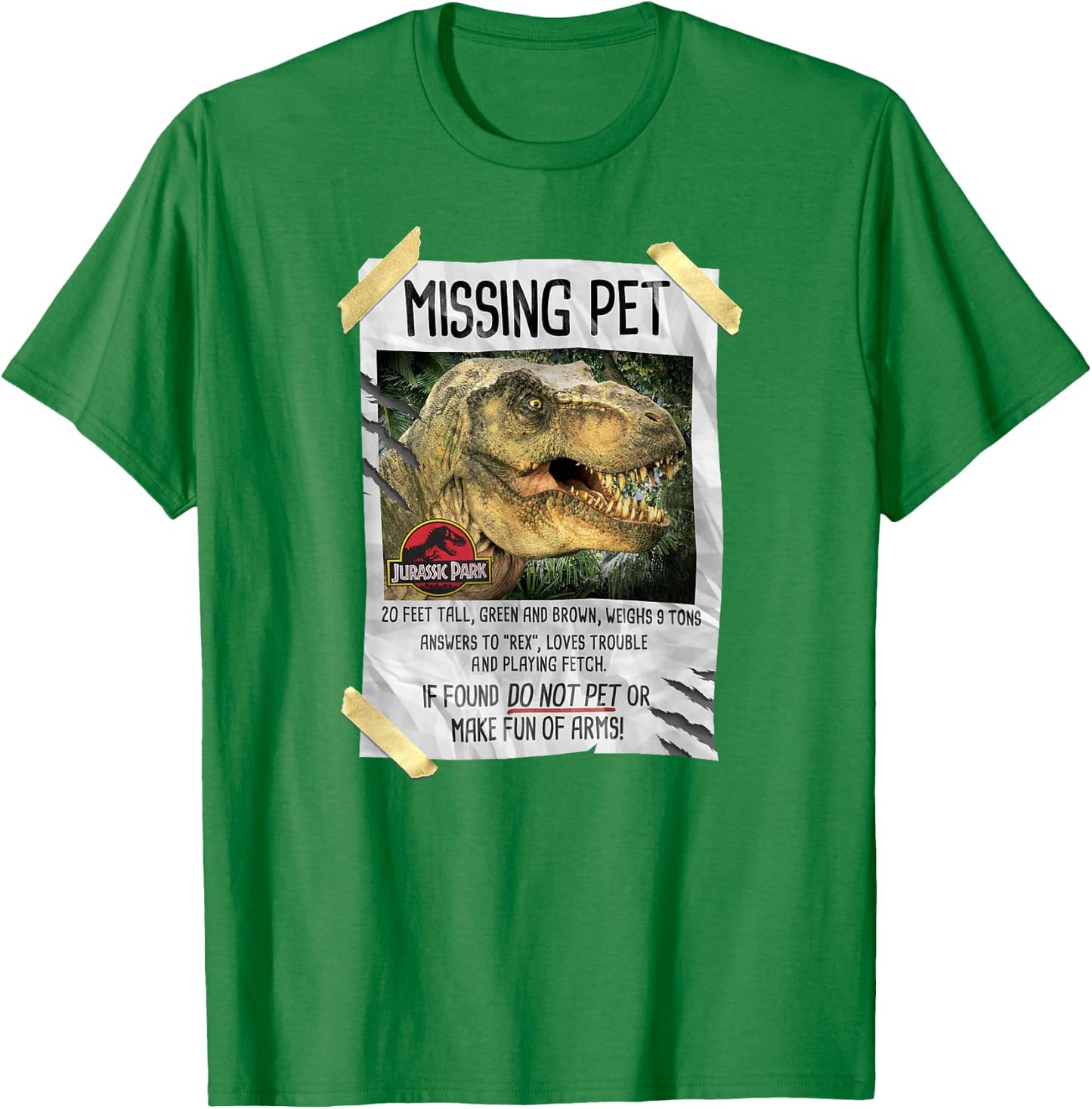 Jurassic Park Missing Pet T-Rex Poster Taped T-Shirt - T-Shirt | Irish Green