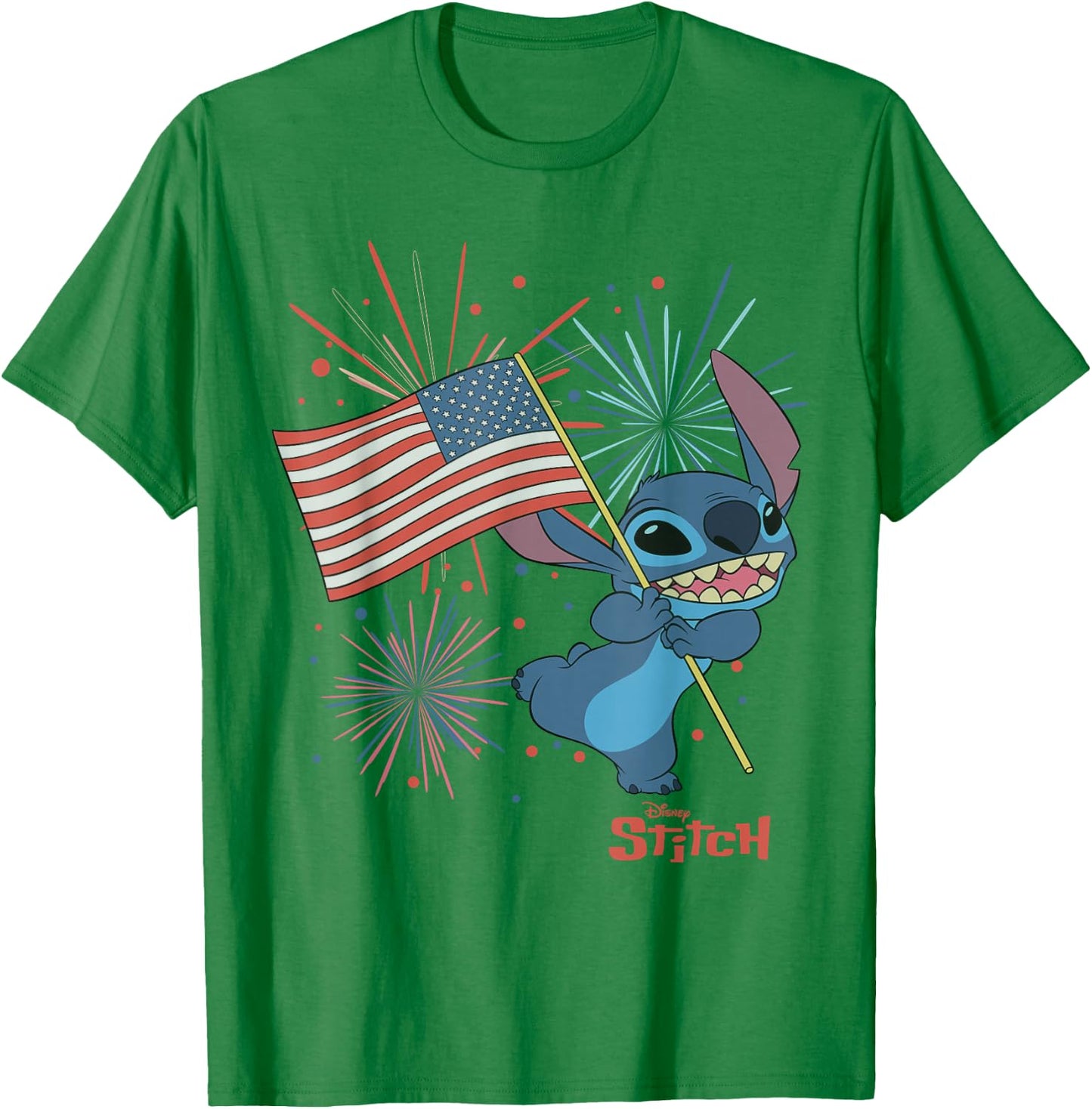 Disney Lilo & Stitch 4th of July Stitch USA Flag & Fireworks T-Shirt - T-Shirt | Irish Green