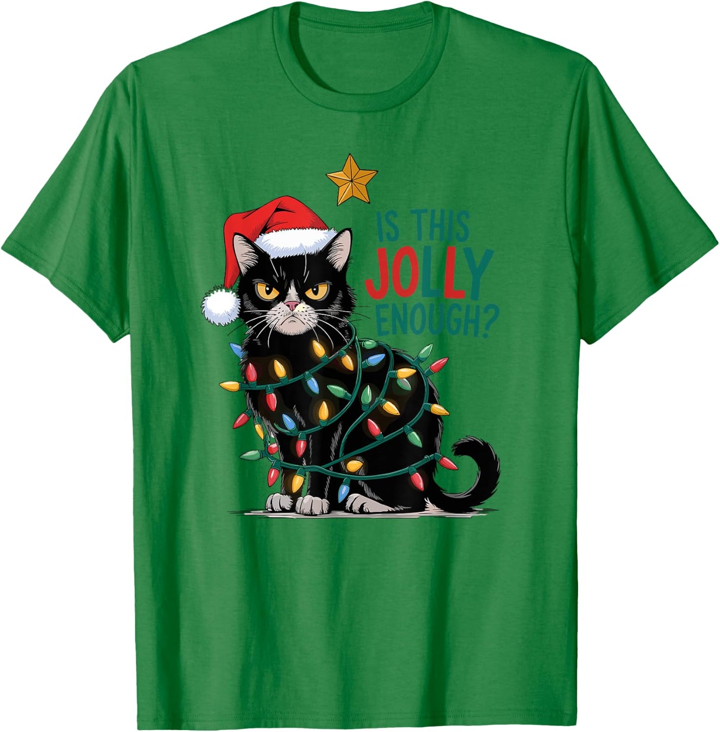 Is This Jolly Enough? Cat Merry Christmas Tree Lights funny Women T-Shirt - T-Shirt | Irish Green