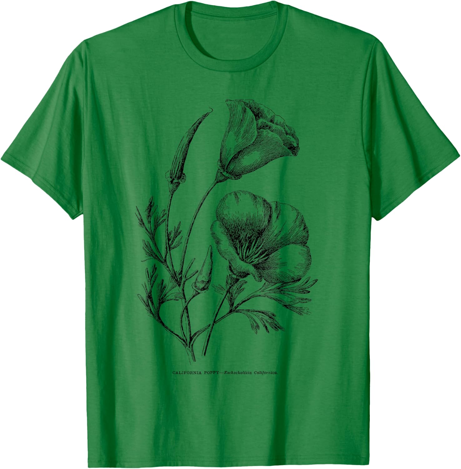 Californian Poppy Botanical Illustration Flower California T-Shirt - T-Shirt | Irish Green