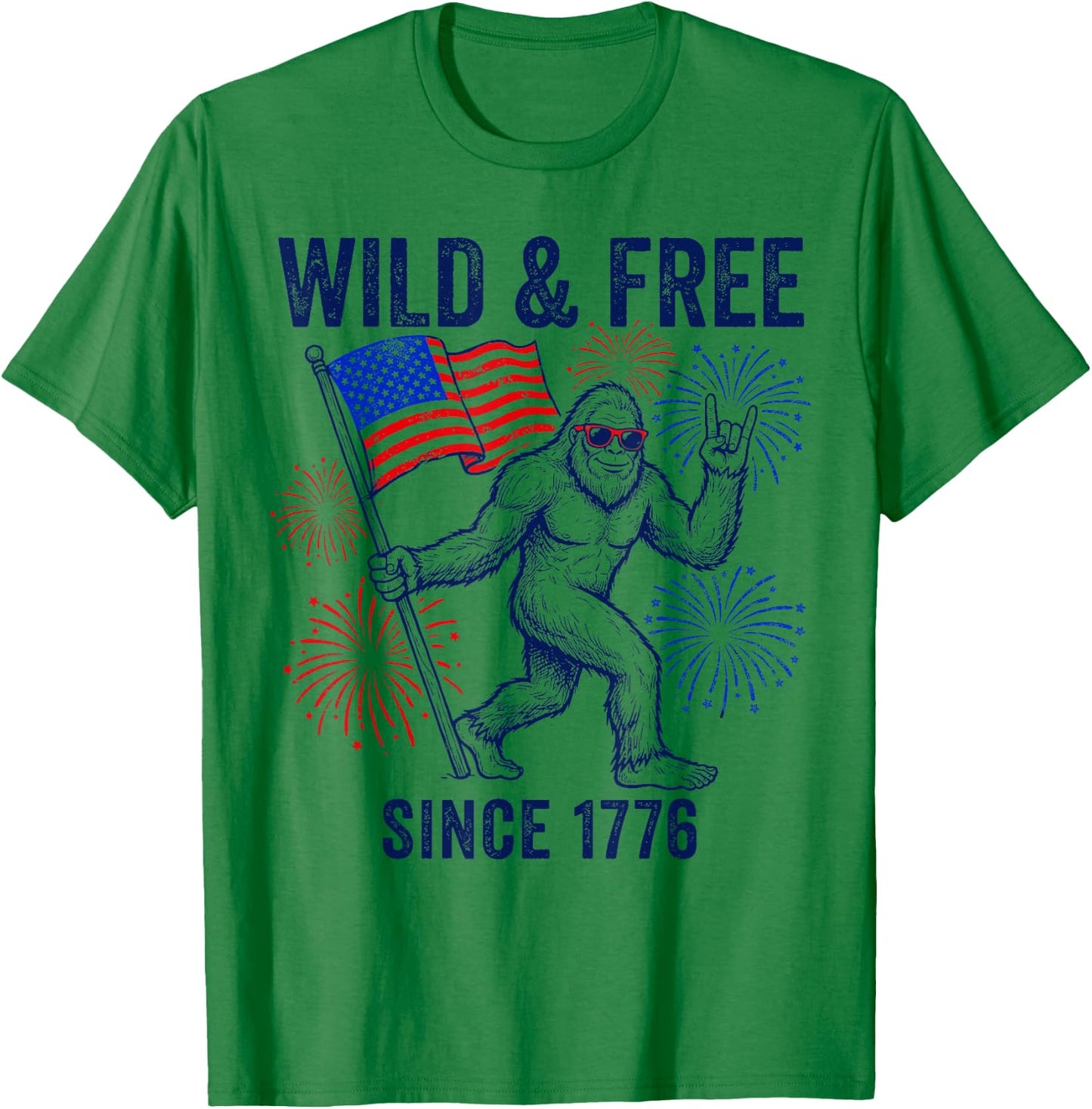 Patriotic Bigfoot Wild and Free Since 1776 4th of July T-Shirt - T-Shirt | Irish Green