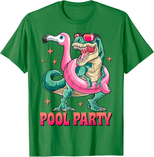 Pool Party Dinosaur Pink Flamingo Float Funny T rex Summer T-Shirt - T-Shirt | Irish Green