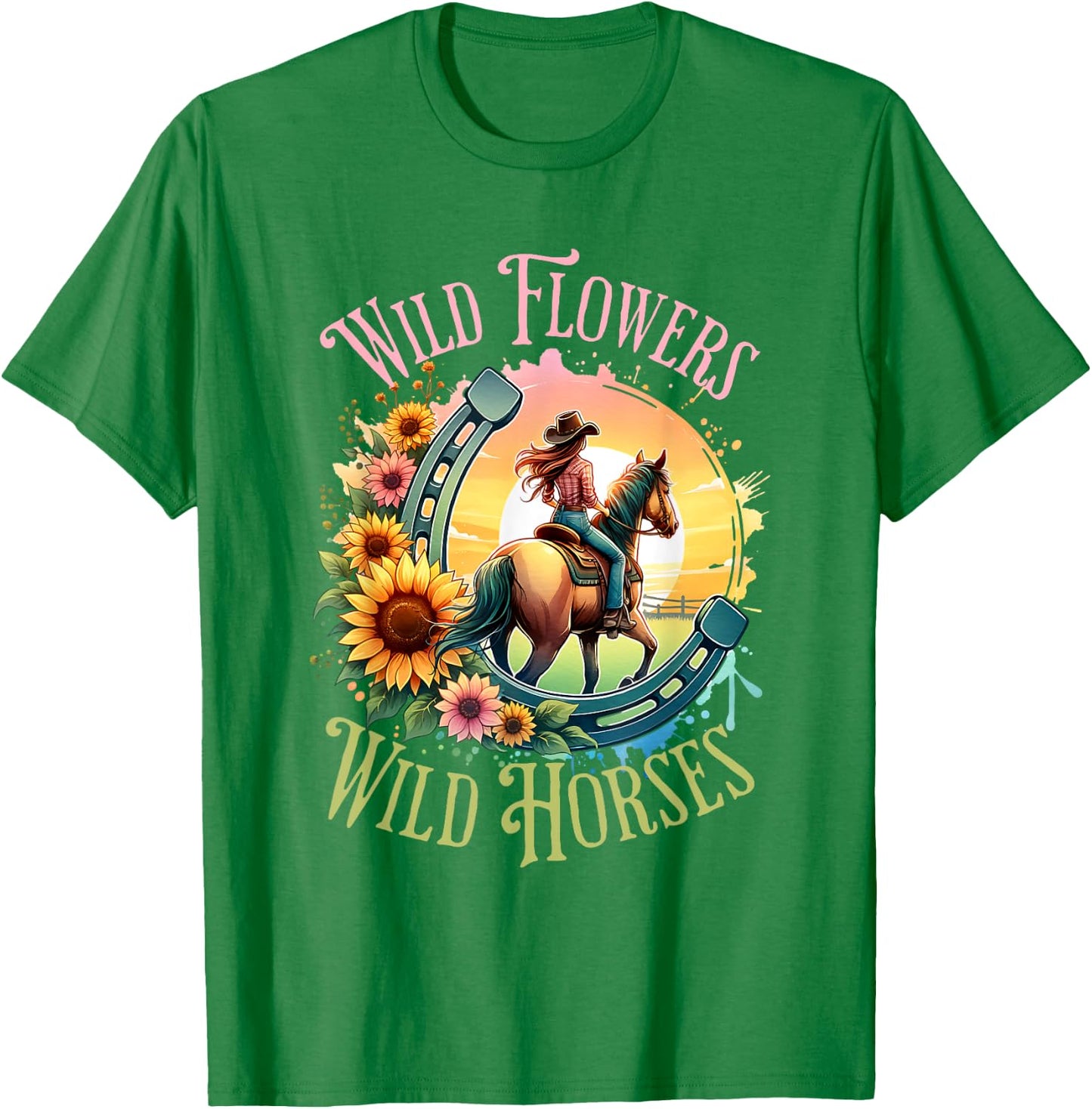 Wild Flowers & Wild Horses Country Sunset Western Cowgirl T-Shirt - T-Shirt | Irish Green