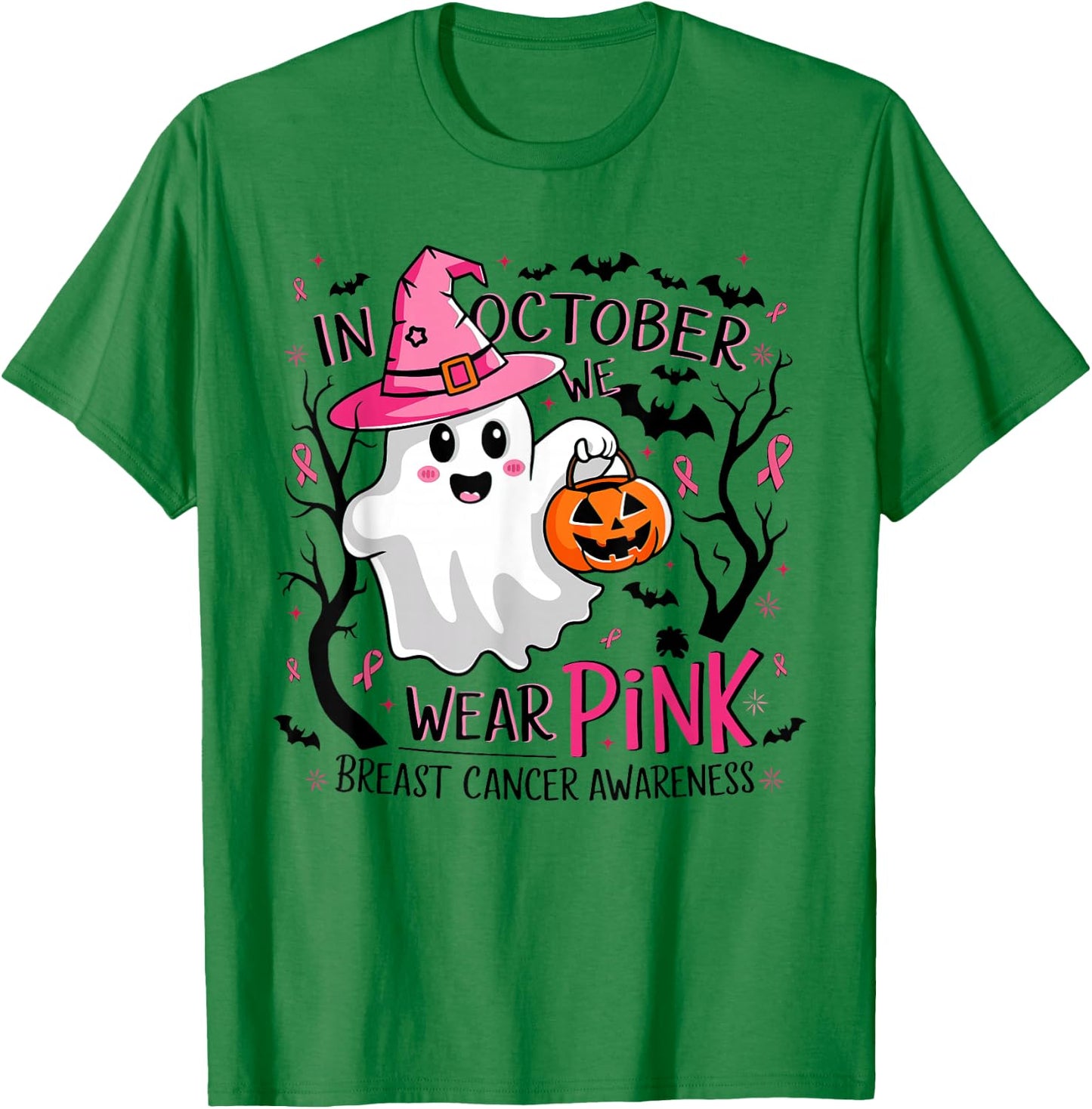 In October We Wear Pink Ghost Witch Breast Cancer Awareness T-Shirt - T-Shirt | Irish Green