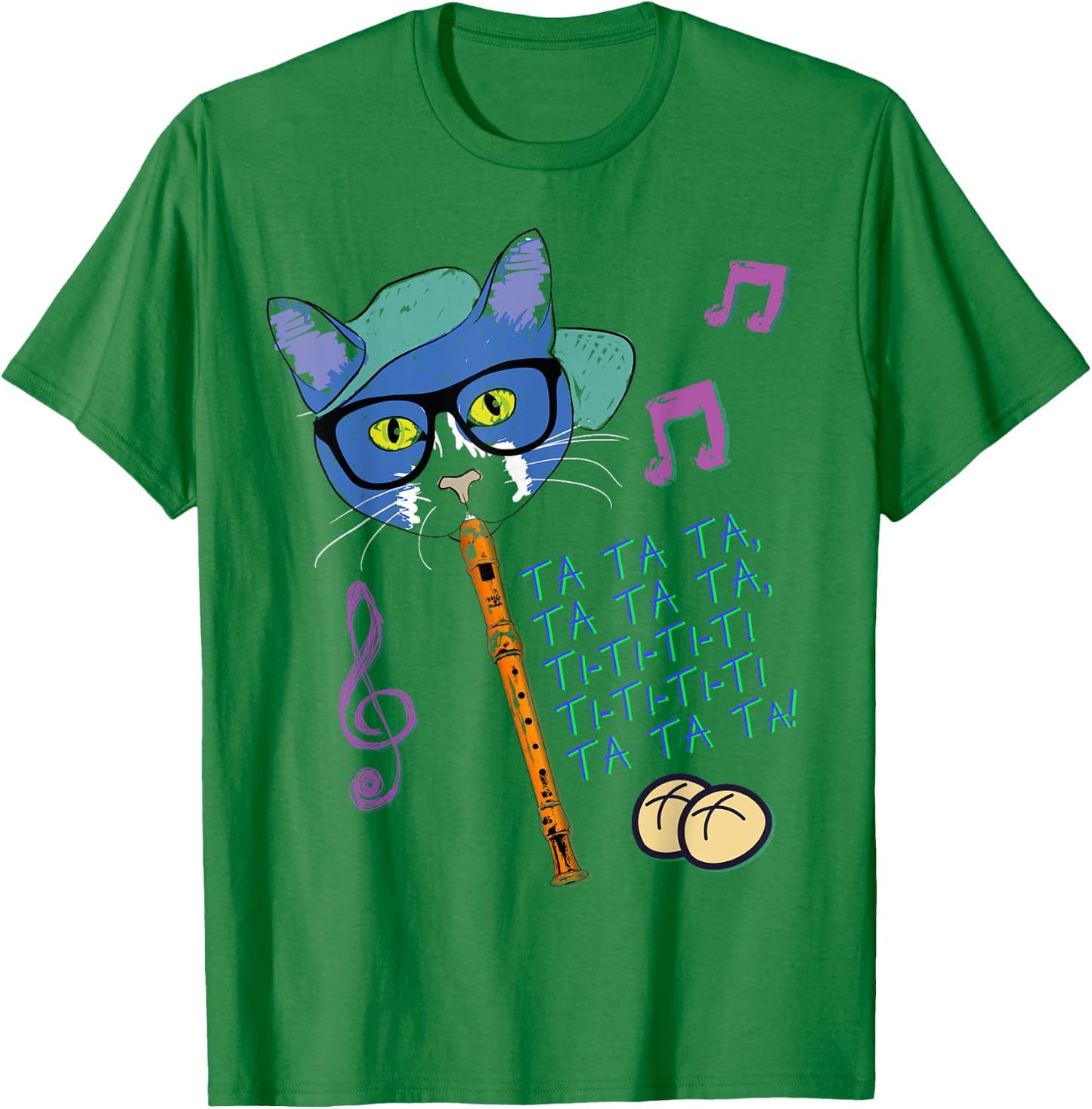 Cool Cat Playing Hot Cross Buns on Recorder Funny Elementary T-Shirt - T-Shirt | Irish Green