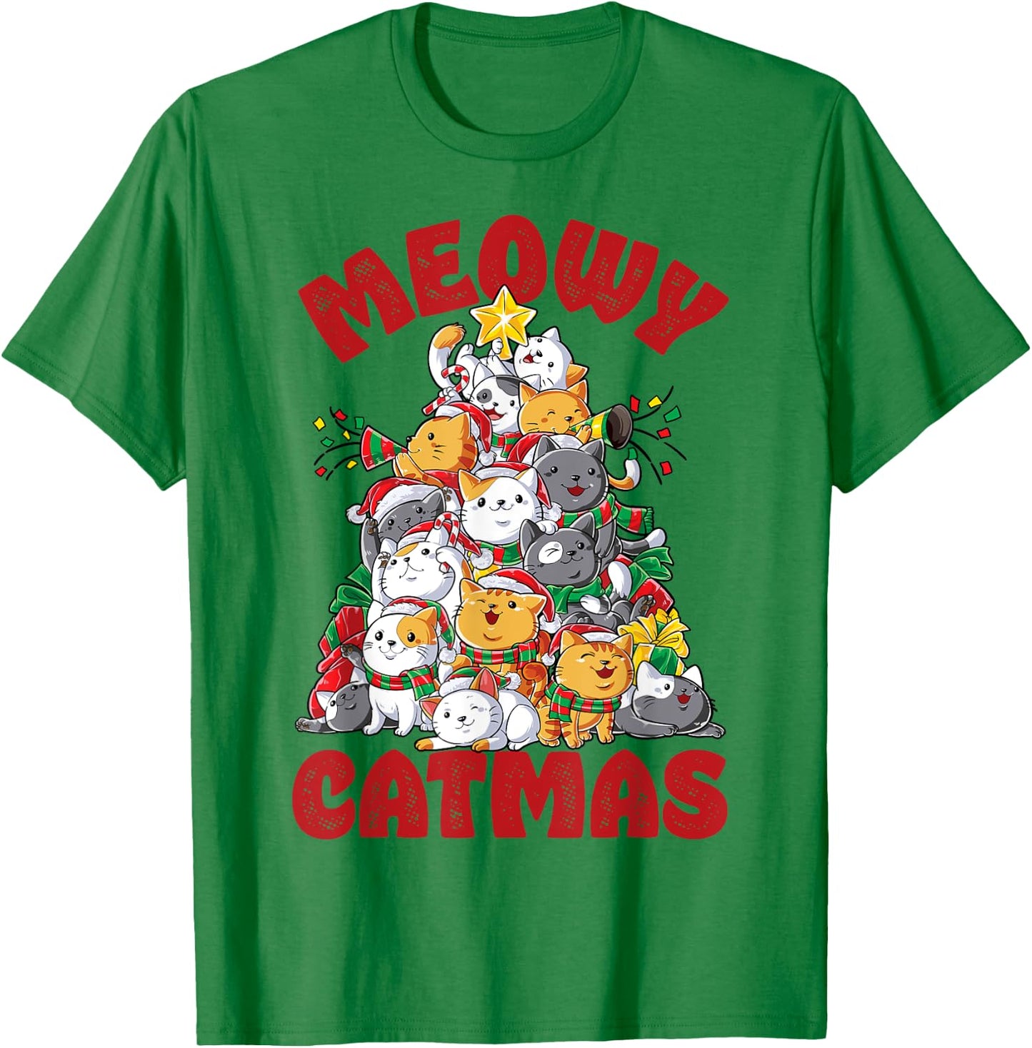 Meowy Catmas Cat Christmas Tree Xmas Girls Boys Funny Santa T-Shirt - T-Shirt | Irish Green