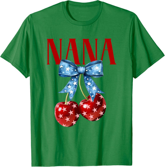 Cute Nana Cherries Coquette Bow Retro Cherry 4th Of July T-Shirt - T-Shirt | Irish Green