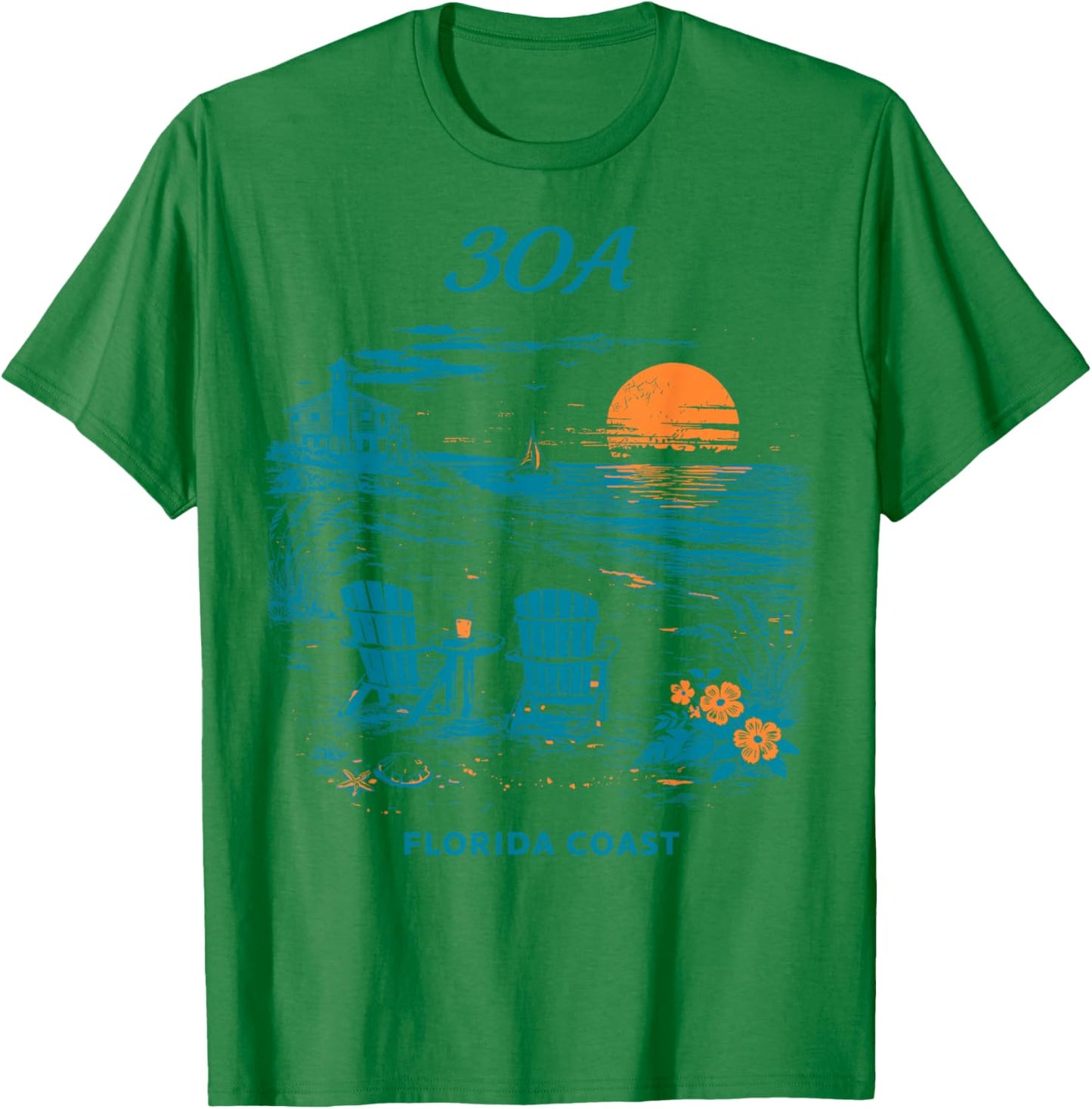 30A Florida Coast Vintage Travel Scenic Illustration T-Shirt - T-Shirt | Irish Green