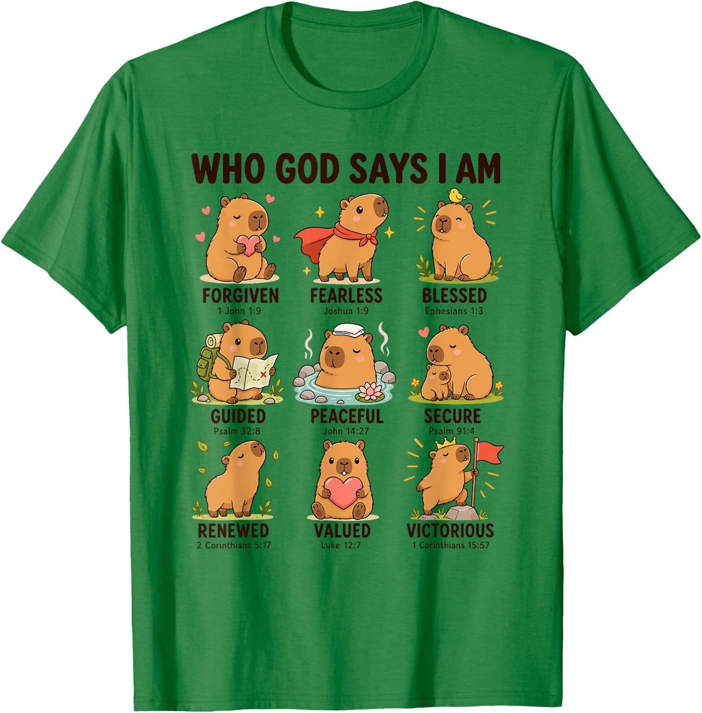Who God Says I Am Capybara Christian Faith Bible Verse T-Shirt - T-Shirt | Irish Green