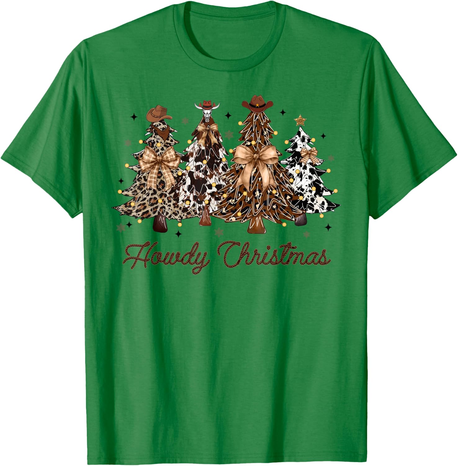 Howdy Christmas Western Cow-Print Tree Xmas Coquette Cowgirl T-Shirt - T-Shirt | Irish Green