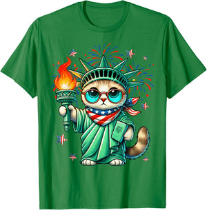 Funny Statue Of Liberty Cat USA Flag Independence Day July 4 T-Shirt - T-Shirt | Irish Green