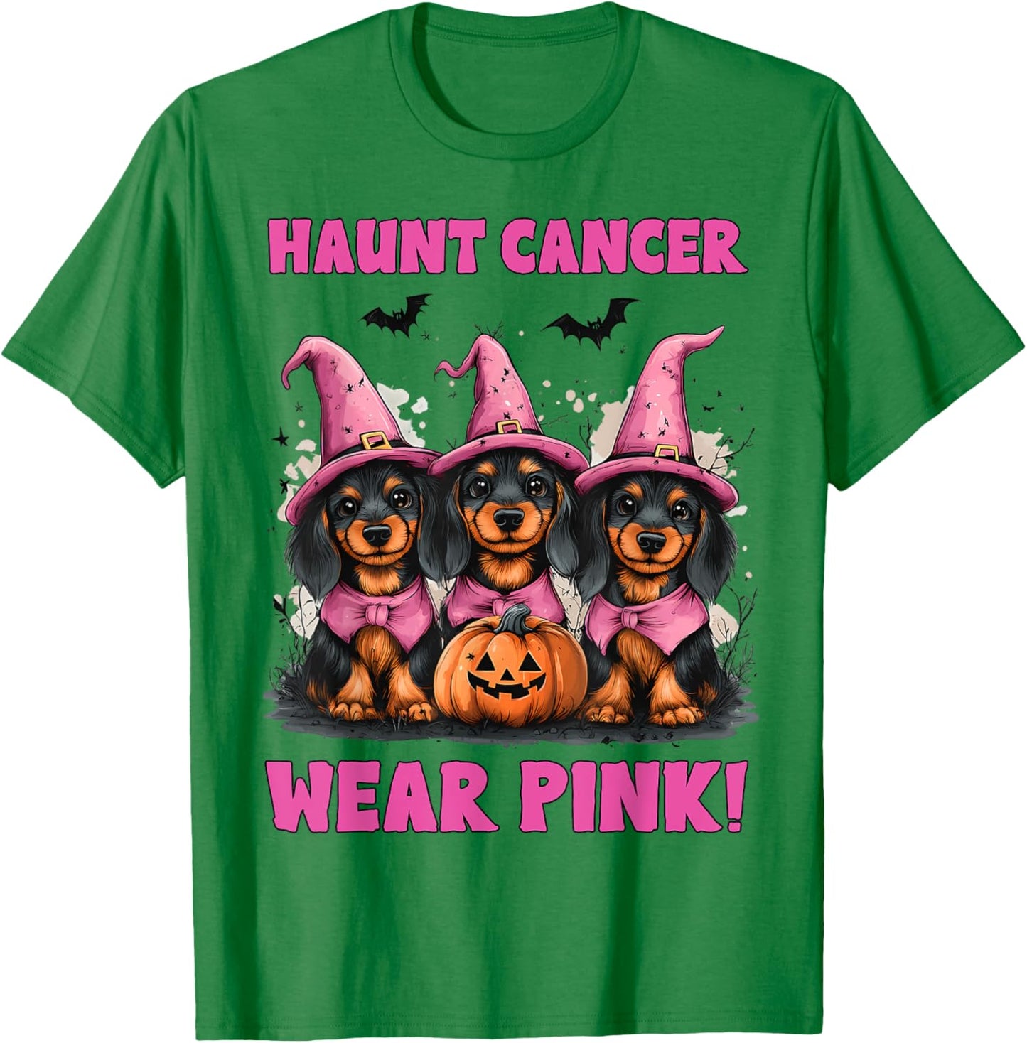In October We Wear Pink Dachshund Halloween Breast Cancer T-Shirt - T-Shirt | Irish Green