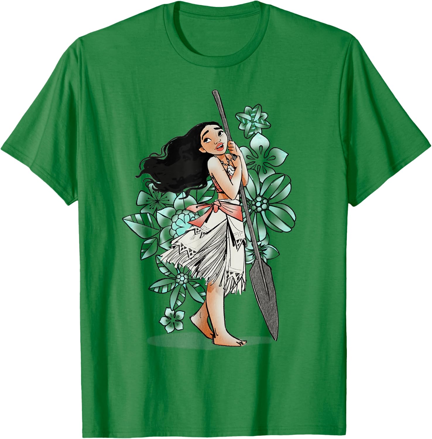 Disney Moana Tropical Floral Line Art Voyager Portrait T-Shirt - T-Shirt | Irish Green