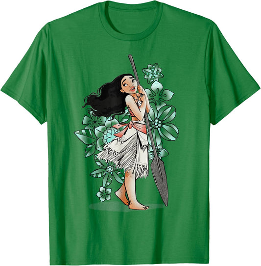 Disney Moana Tropical Floral Line Art Voyager Portrait T-Shirt - T-Shirt | Irish Green