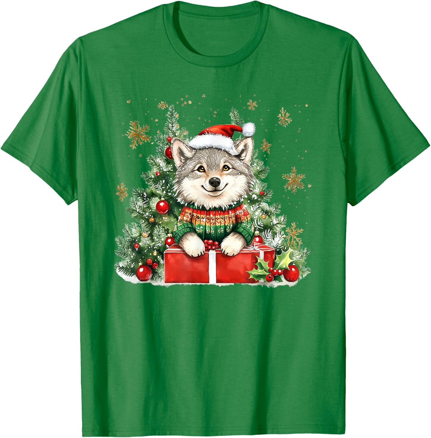 A Wolf In A Sweater & Hat With Christmas Decorations T-Shirt - T-Shirt | Irish Green