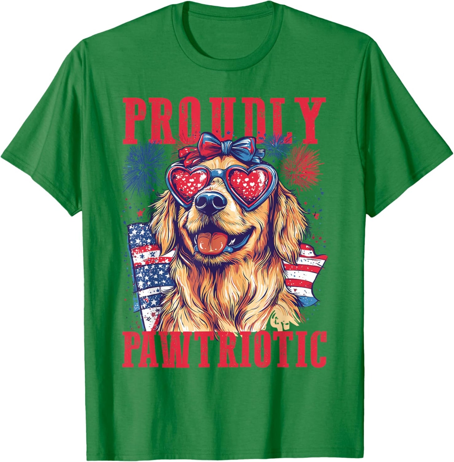 Proudly Pawtriotic Golden Retriever 4th of July Fireworks T-Shirt - T-Shirt | Irish Green