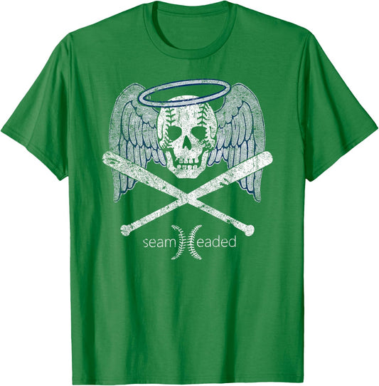 Vintage Angel Baseball Skull with Bats and Halo T Shirt T-Shirt - T-Shirt | Irish Green