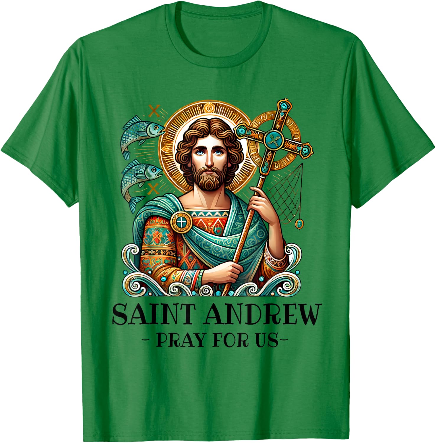 St Andrew Fishing Patron Saint of Fisherman Catholic Saint T-Shirt - T-Shirt | Irish Green
