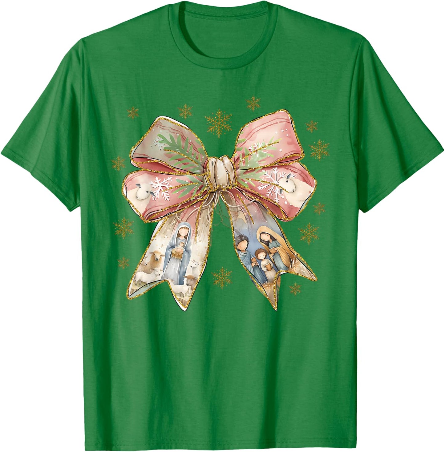 Jesus Christmas Coquette Bow Nativity Bible Verse Christian T-Shirt - T-Shirt | Irish Green
