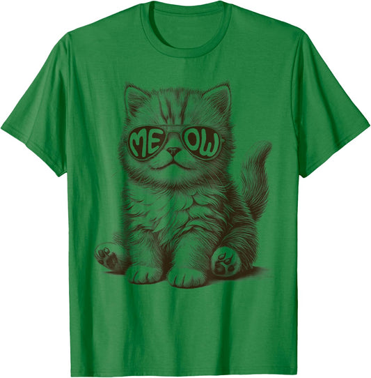 Funny Cat With Meow Sunglasses Cute Graphic T-Shirt - T-Shirt | Irish Green